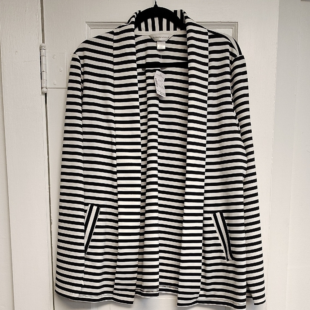 Christopher & Banks Open Jacket Size Large Black White Pockets Stripe NWT